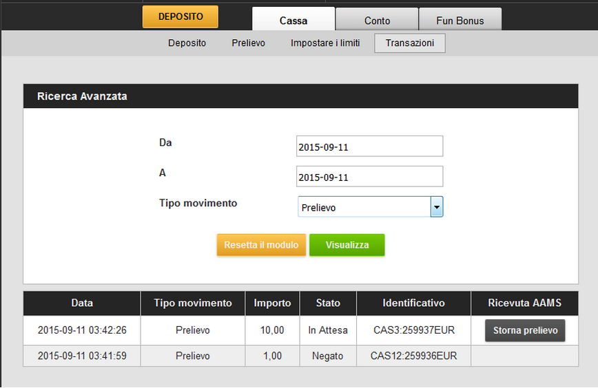 Cancella prelievo